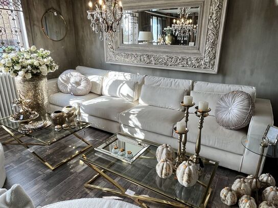 Sofa 4 personer m. Puder CREMEFARVET VELOUR 400 cm