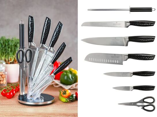 8 dele kokkeknivssæt i roterende stander.