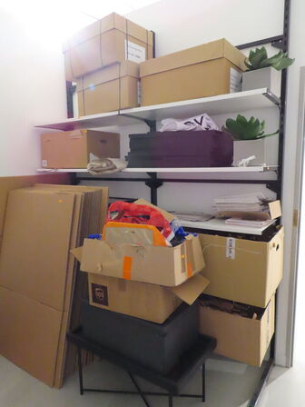 Reol med indhold og papkasser