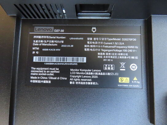 2 stk. 27" monitorer, LENOVO D27-30 m. tastatur og dockingstation