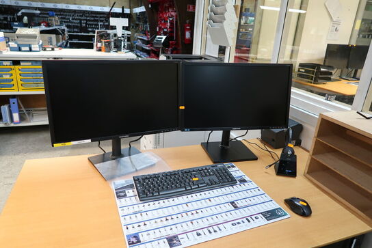 2 stk. computerskærme SAMSUNG, bonprinter, tastatur, mus, computer, headset