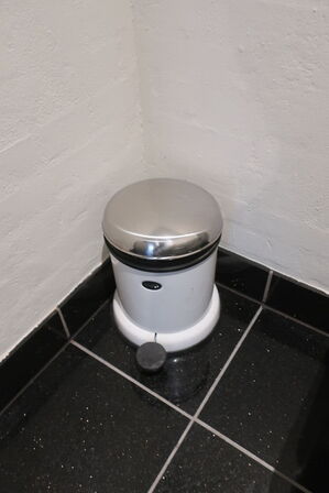 Plakat i ramme, affaldsspand samt diverse plejeprodukter 