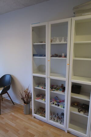 Skab med glaslåger med div. Indhold