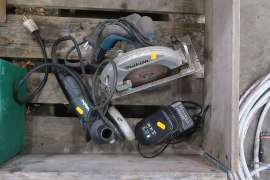 Rundsav, vinkelsliber samt batteri og lader