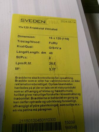 6,34 m2 rustikbrædder, hvidmalede 15 x 120 mm 