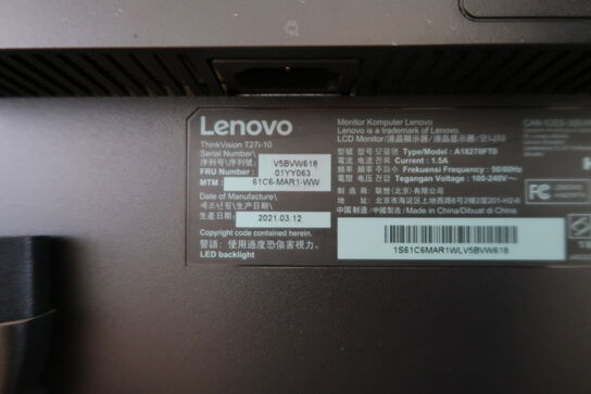 2 stk. computerskærme LENOVO T27i-10, dockingstation, tastatur, mus m.m.