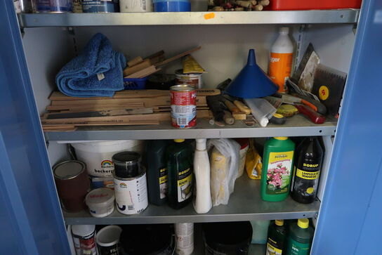 Stålskab med div. Plejemidler, maling m.m.