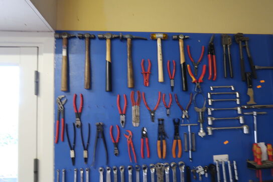 Arbejdsbord med skruestik samt værktøjstavle med div. Værktøj