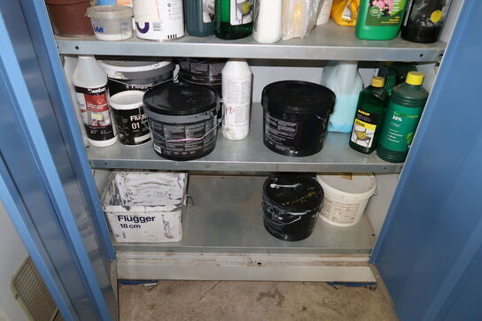 Stålskab med div. Plejemidler, maling m.m.