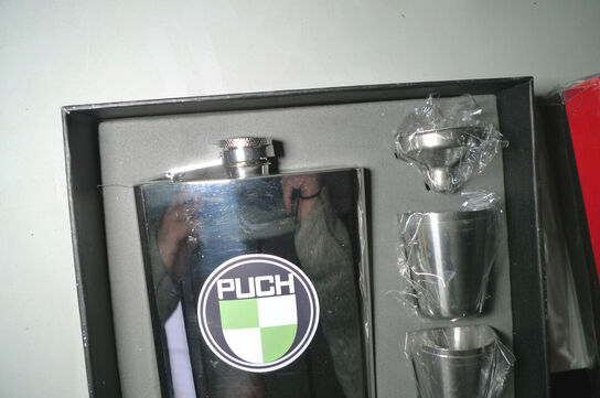 Lommelærke m/PUCH logo, tragt + 4 stk. drikkebægre