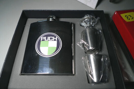 Lommelærke m/PUCH logo, tragt + 4 stk. drikkebægre