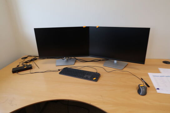 2 stk. computerskærme DELL P2722H, tastatur, mus, dockingstation LENOVO ThinkPad Hybrid USB-C with USB-A Dock