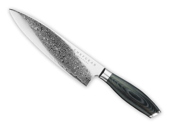 Kokkekniv, 21 cm knivblad, udført i 67 lags Damaskus stål. 