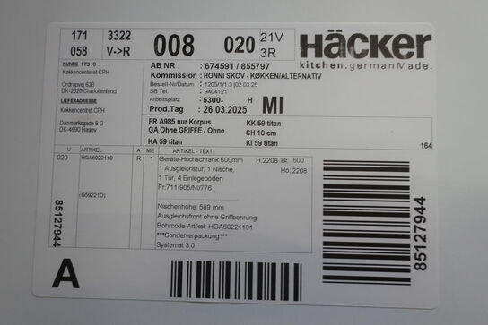 Div. køkkeskabe HÄCKER og tilbehør, udstillingsmodel