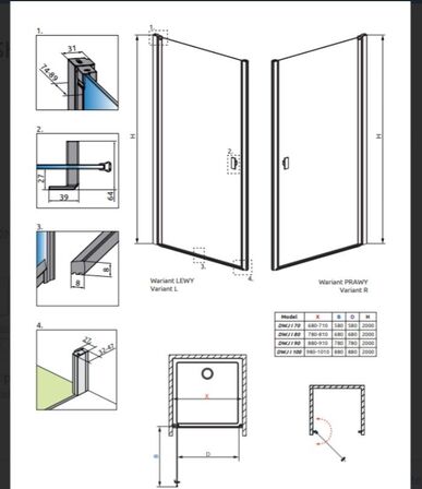 DNS20-9, NOMA 20 nichedør  900mm, sort profiler, klart glas, helt ny