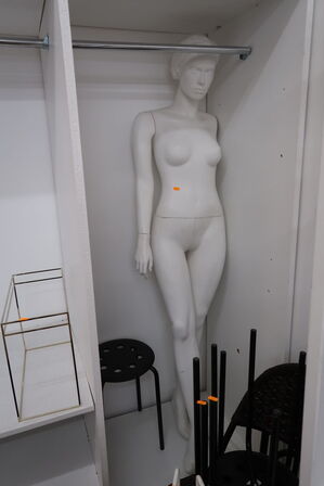 Mannequin, pude, glasudstilling m.m.