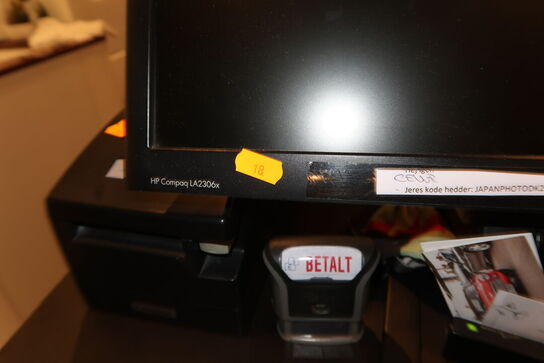Computerskærm HP Compaq LA2306x, labelprinter, tastatur, mus, computer, printer