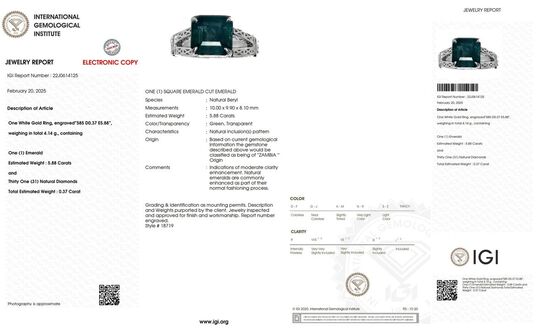 6,25 ct. fin smaragd og diamantring i 14 kt. Hvidguld. IGI.