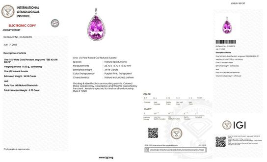 Imponerende 35,68 ct. VIVID kunzit, diamant og 14 kt. hvidguldhalskæde. IGI.