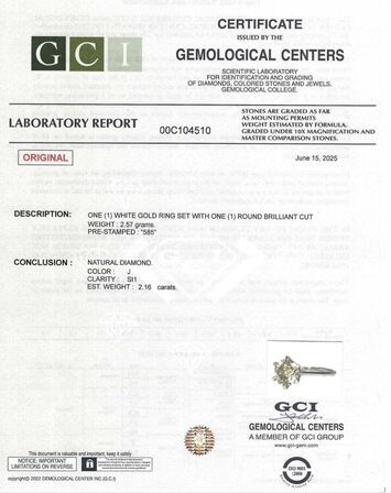 2.16 ct. Naturlig brillant solitairering af 14 kt. hvidguld, GCI.