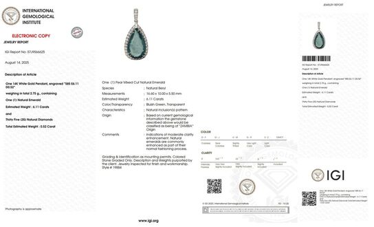 6,63 ct. fin smaragd og diamant vedhæng i 14 kt. hvidguld. IGI.