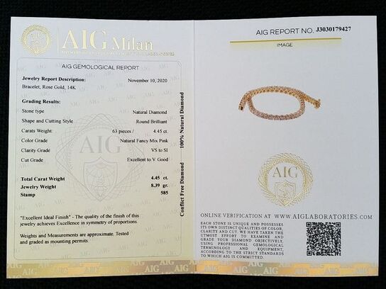 Armbånd 4,45 ct. Naturlige PINK diamanter i 14kt rosa guld. AIG