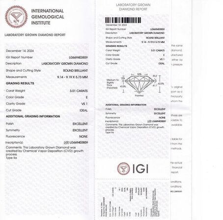 3,01 ct. brillantsleben laboratorieskabt diamant, IGI certificeret