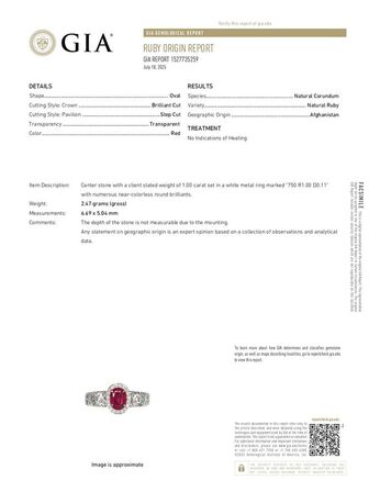 Sjælden 1,11 ct. No Heated rubin, diamant og 18 kt. hvidguldring. GIA
