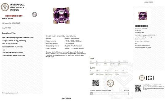 Imponerende 39,02 ct. VIVID kunzit, og diamantring i 14 kt. rosèguld, IGI.