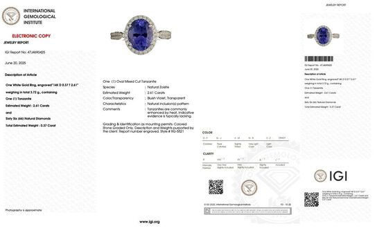 Tanzanit- og diamantring af 14 kt. hvidguld. Str. 53. IGI