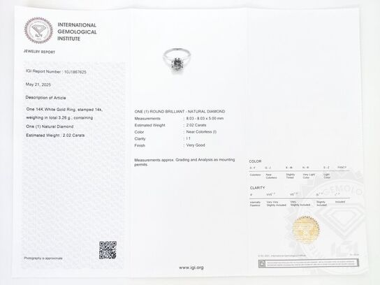 2.02 ct. naturlig brillant solitaire ring af 14 kt hvidguld. IGI