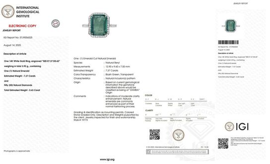 7,80 ct. meget fin smaragd og diamantring i 18 kt. hvidguld. IGI.