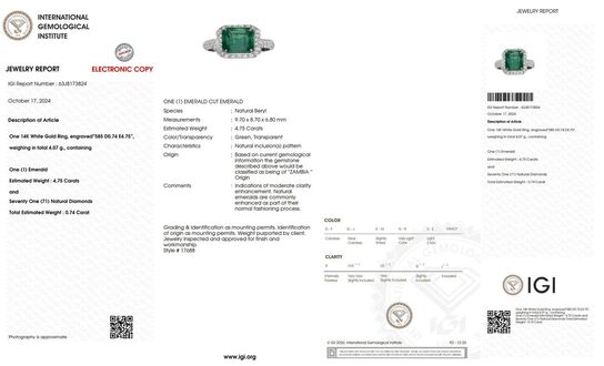 5,49 ct. meget fin smaragd og diamantring i 14 kt. hvidguld. IGI.