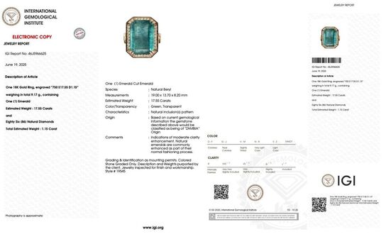 18,70 ct. meget fin smaragd og diamantring i 18 kt. rosèguld. IGI.