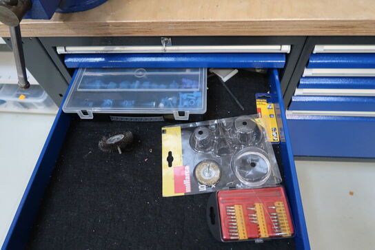 Arbejdsbord med skruestik, værktøjstavle med div. Værktøj m.m.