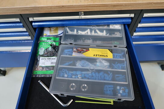 Arbejdsbord med skruestik, værktøjstavle med div. Værktøj m.m.