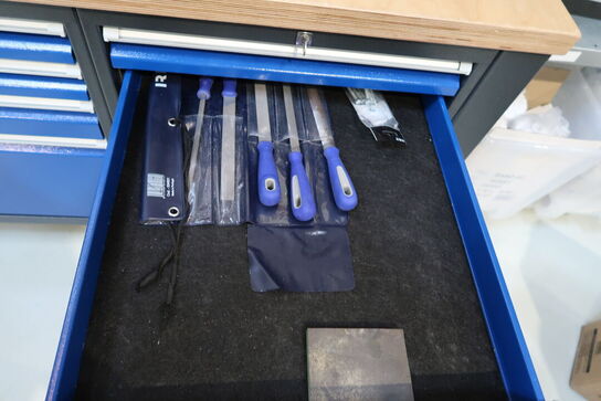 Arbejdsbord med skruestik, værktøjstavle med div. Værktøj m.m.