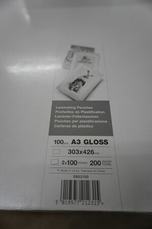 200 stk. Lamineringslommer A3 samt kopipapir