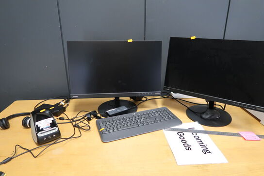 2 stk. computerskærme LENOVO, tastatur, headset, dockingstation m.m.