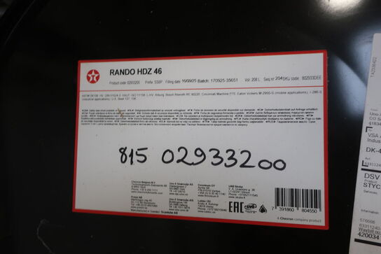 208 liter hydraulikolie TEXACO Rando HDZ 46