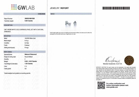 1,02 ct.naturlige diamantørestikker, 14kt. hvidguld