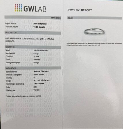 7,28 ct. naturlig diamant tennisarmbånd. GWLAB