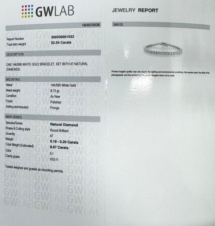 8,87 ct. naturlig diamant tennisarmbånd. 14 kt. hvidguld