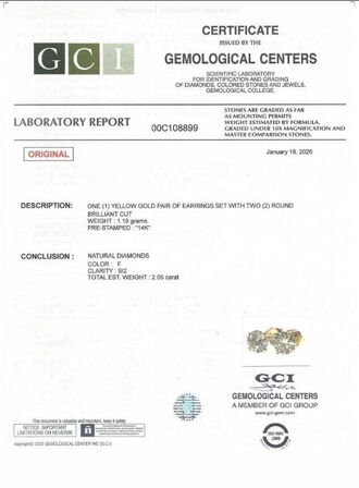 2,05 ct. naturlige diamant og 14 kt. gulguld ørestikker