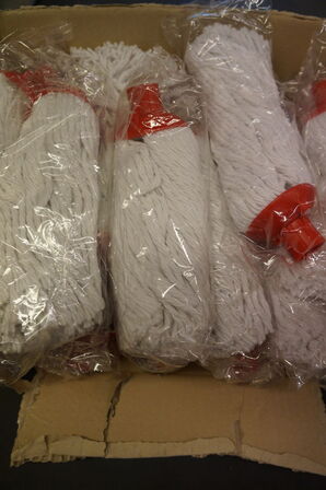 Kasse med diverse moppehoveder 