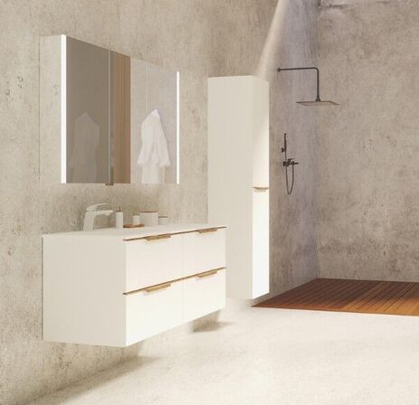 SW28D Vaskeskab til dobbelt vask 120 cm, mat hvid / natur eg greb NY