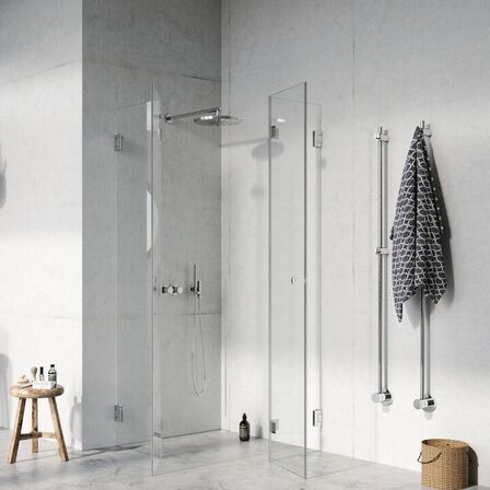 Lucca 110 flex bruseafskærmning, krom glas skræddersyet 100x100, 2m højde.