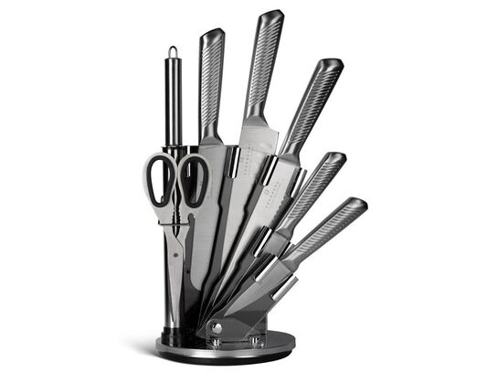 8 dele kokkeknivssæt i roterende stander.