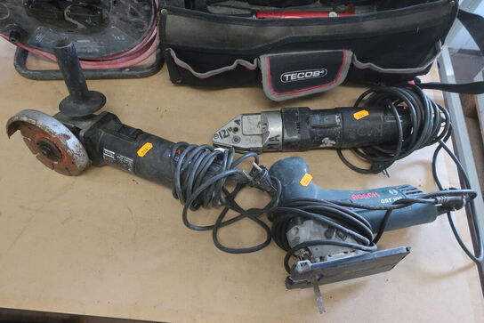 Pladeklipper, vinkelsliber, stiksav, kabeltrommel og taske