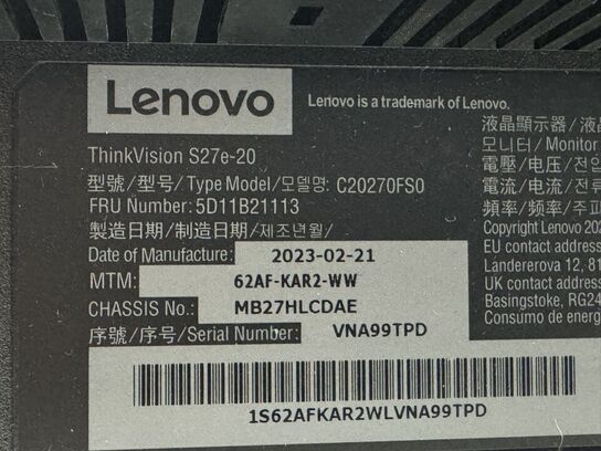 2 stk. Skærme, LENOVO Thinkvision S27e-20 inkl. Bordbeslag